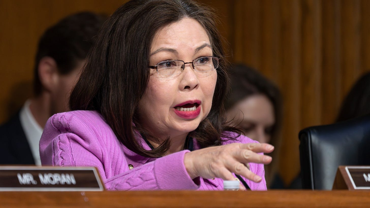 FILE - Sen. Tammy Duckworth, D-Ill., the ranking member of the Senate Transportation Subcommittee, speaks during a hearing on Capitol Hill in Washington, Thursday, March 27, 2025. (AP Photo/J. Scott Applewhite, File)