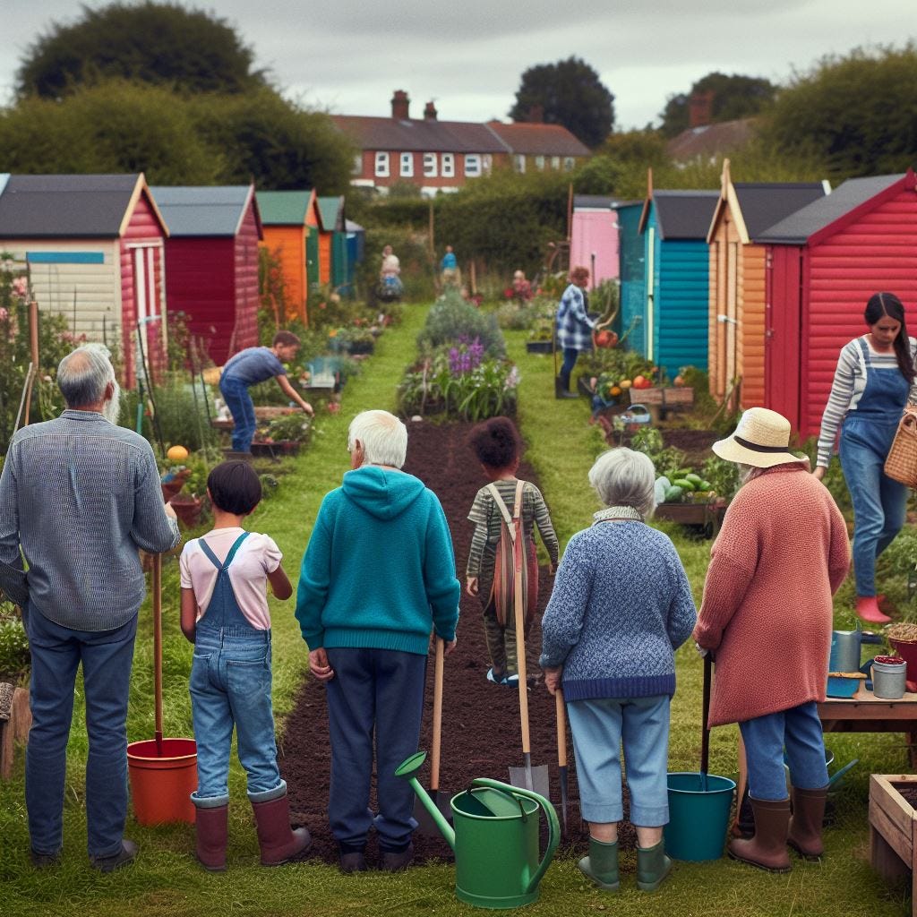 Lots of sheddies enjoying their allotment Ai image