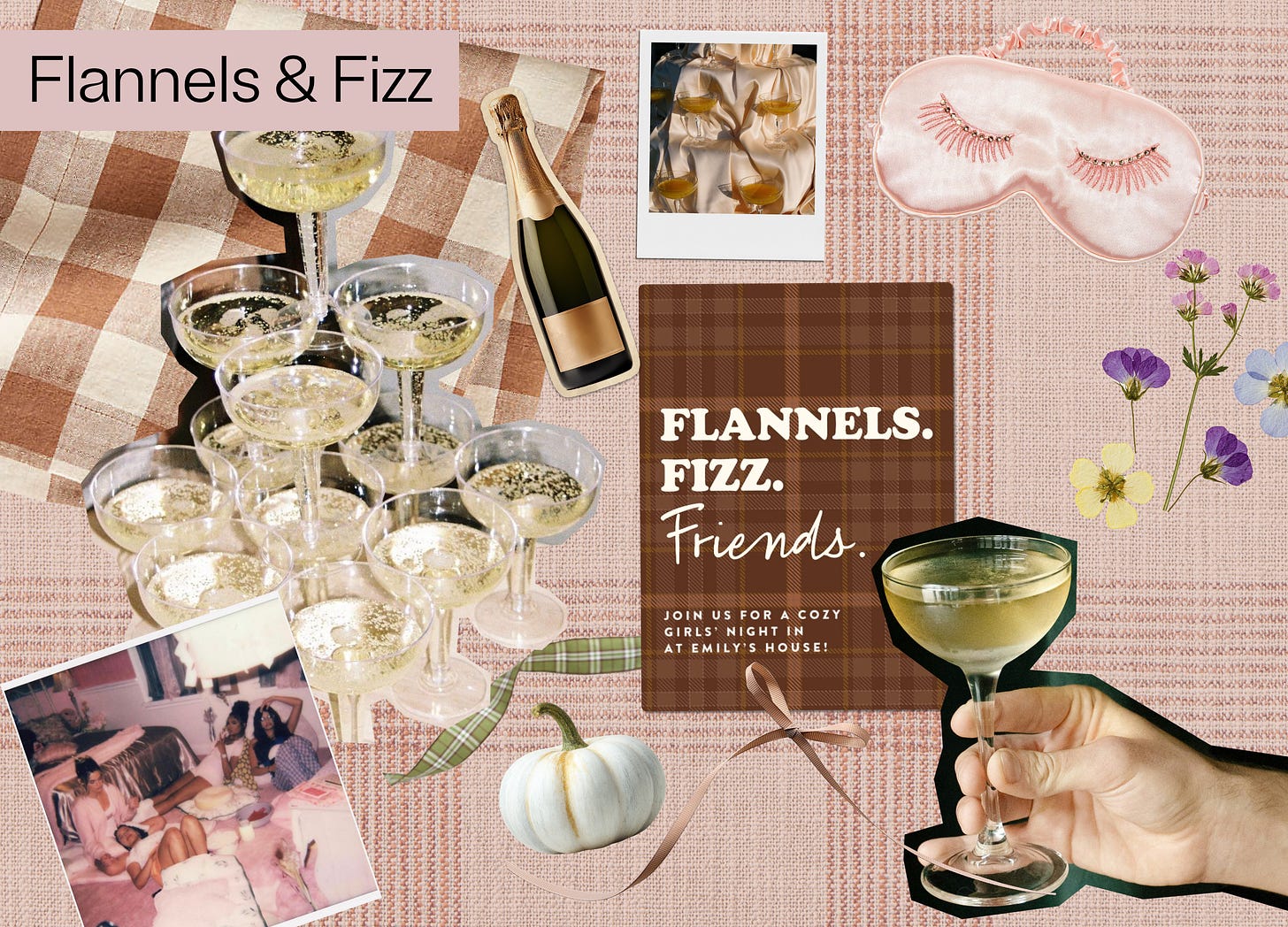 A collage showing a Flannels & Fizz party invitation and items needed to host the cozy party