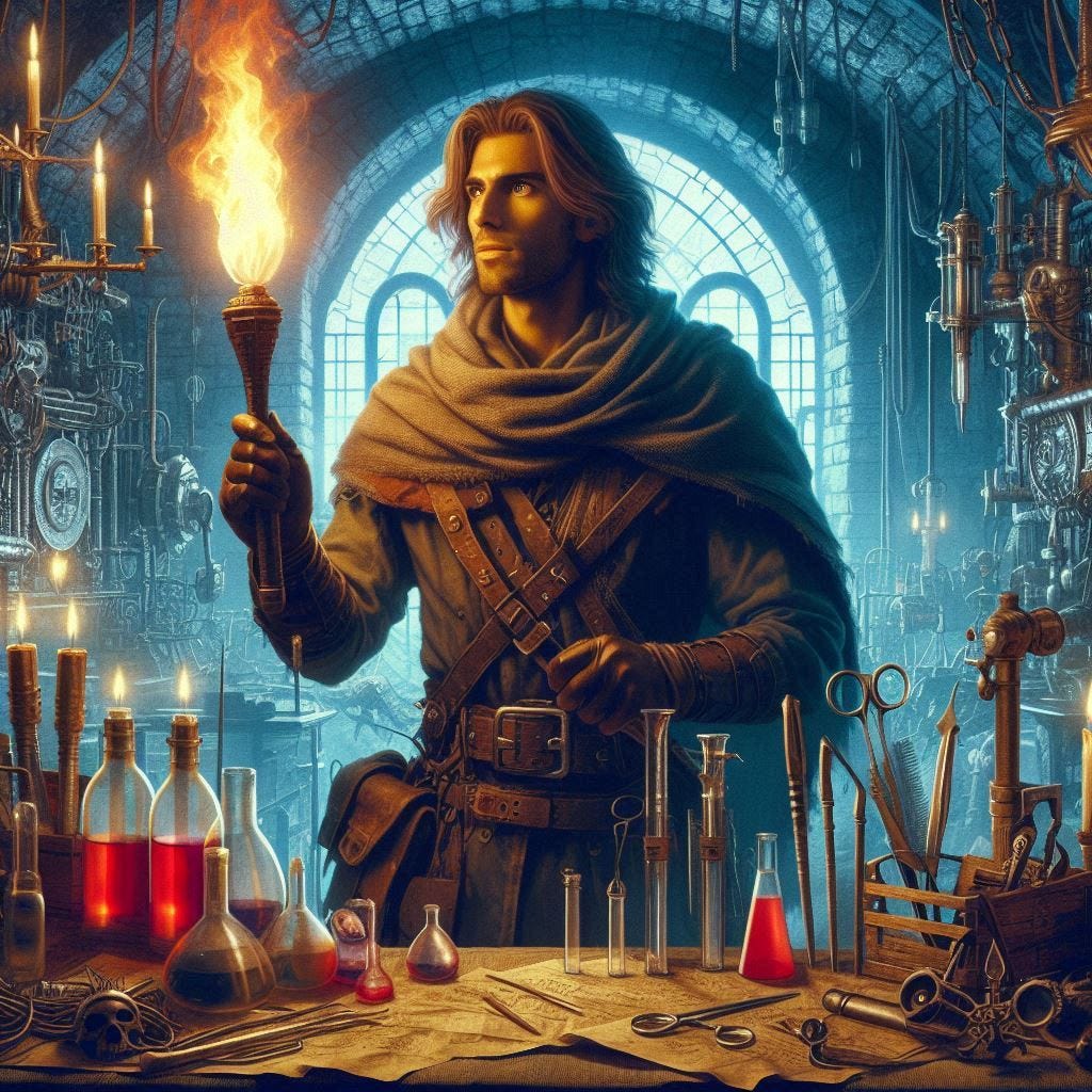 20-year old medieval male adventurer holding a torch inside a fantasy mad scientist lab underground, surgical tools, dungeons and dragons fantasy drawing