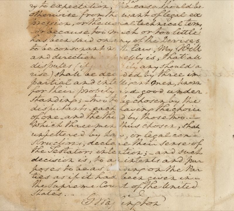 Imagem do testamento de George Washington, manuscrito original, com cláusula prevendo arbitragem por três homens imparciais e inteligentes em caso de disputas entre herdeiros.