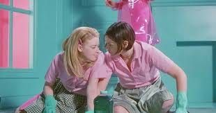 A clip of But I'm a Cheerleader in print colors with two women almost kissing on it
