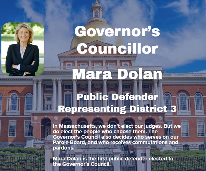 A photo of Mara Dolan standing with arms crossed, wearing a dark blazer. A building with columns and a dome is in the background. Text overlay reads "Governor\'s Councillor Mara Dolan Public Defender Representing District 3" and additional text about Massachusetts judges and the Governor\'s Council.