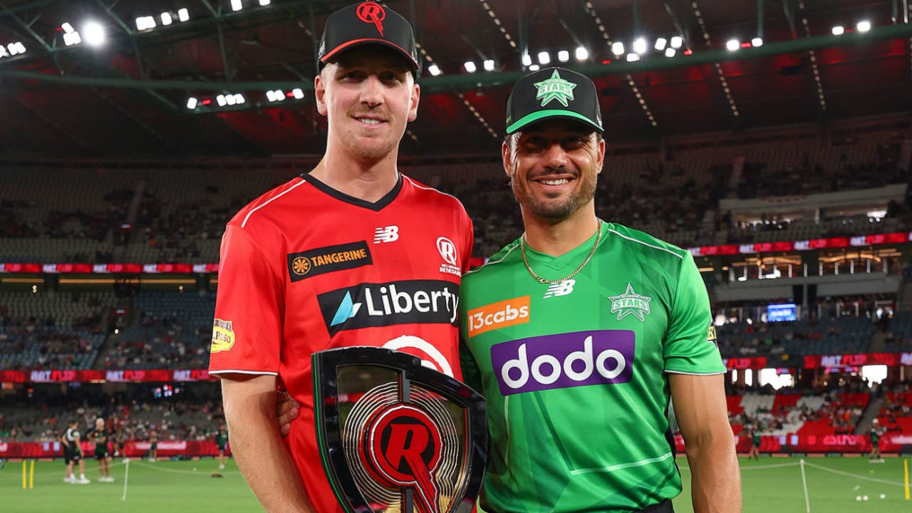 Will Sutherland and Marcus Stoinis with the Melbourne Mace, Marvel Stadium, January 10, 2026 Will Sutherland and Marcus Stoinis with the Melbourne Mace, Marvel Stadium, January 10, 2026