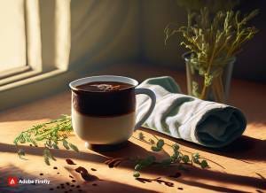 Hot coffee, herbs and a folded towel on a table illuminated by sunlight
