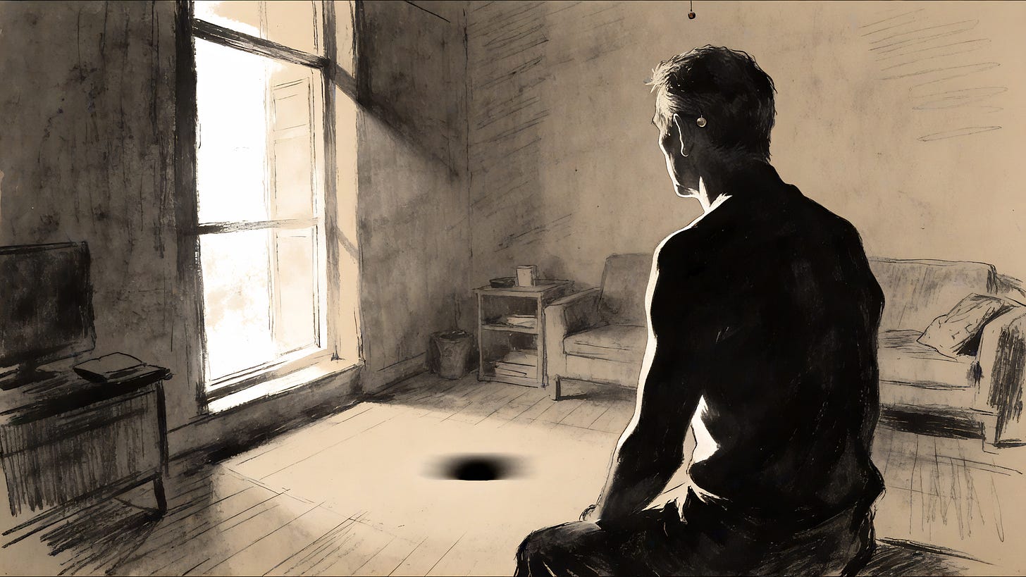 A man sits alone in a plain but comfortable room lit by one window, his face hidden in shadow. Near the center of the floor, a soft dark absence with no clear cause. Warm-amber charcoal.