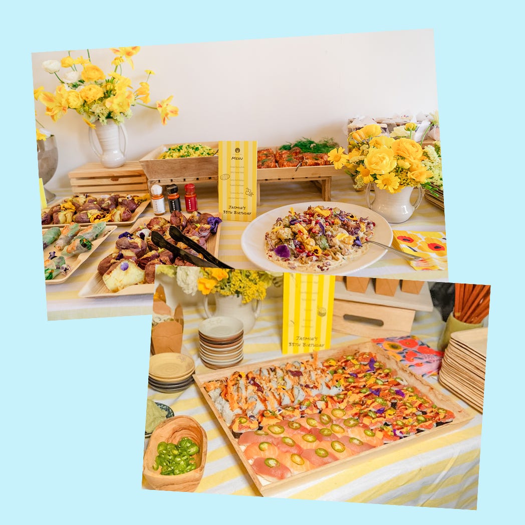 2 photographs of a party's serving table complete with bright yellow table decor and wooden plates and trays