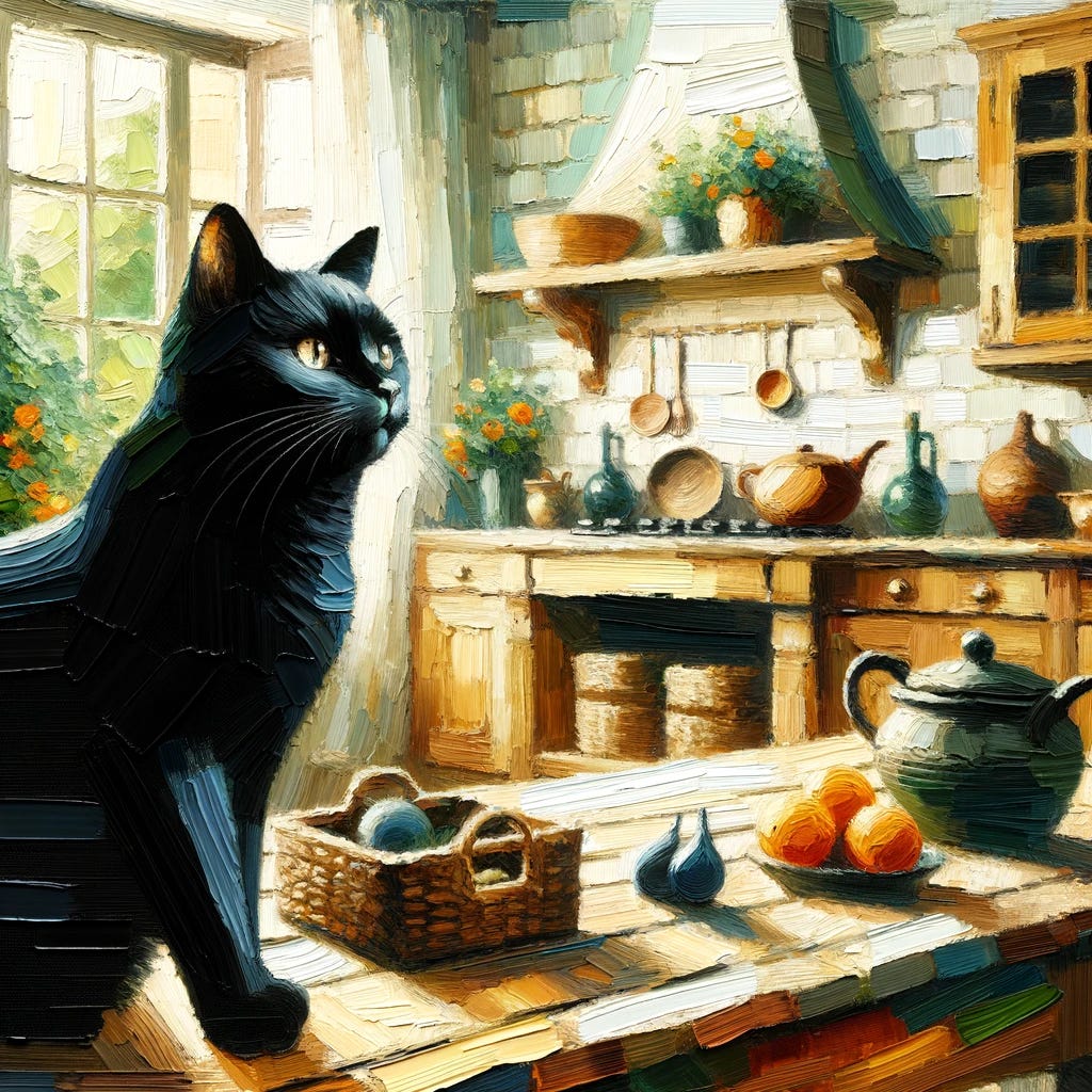 Craft an oil painting from the image provided, showcasing a black cat with a charismatic presence in a kitchen setting. The painting should feature pronounced brush strokes, making the texture of the paint and the weave of the canvas evident, to enhance the artistic quality. The kitchen should appear lived-in and welcoming, with details such as a wooden table, earthenware pots, and a bright window, all depicted with a rich interplay of light and shadow to create depth and interest.