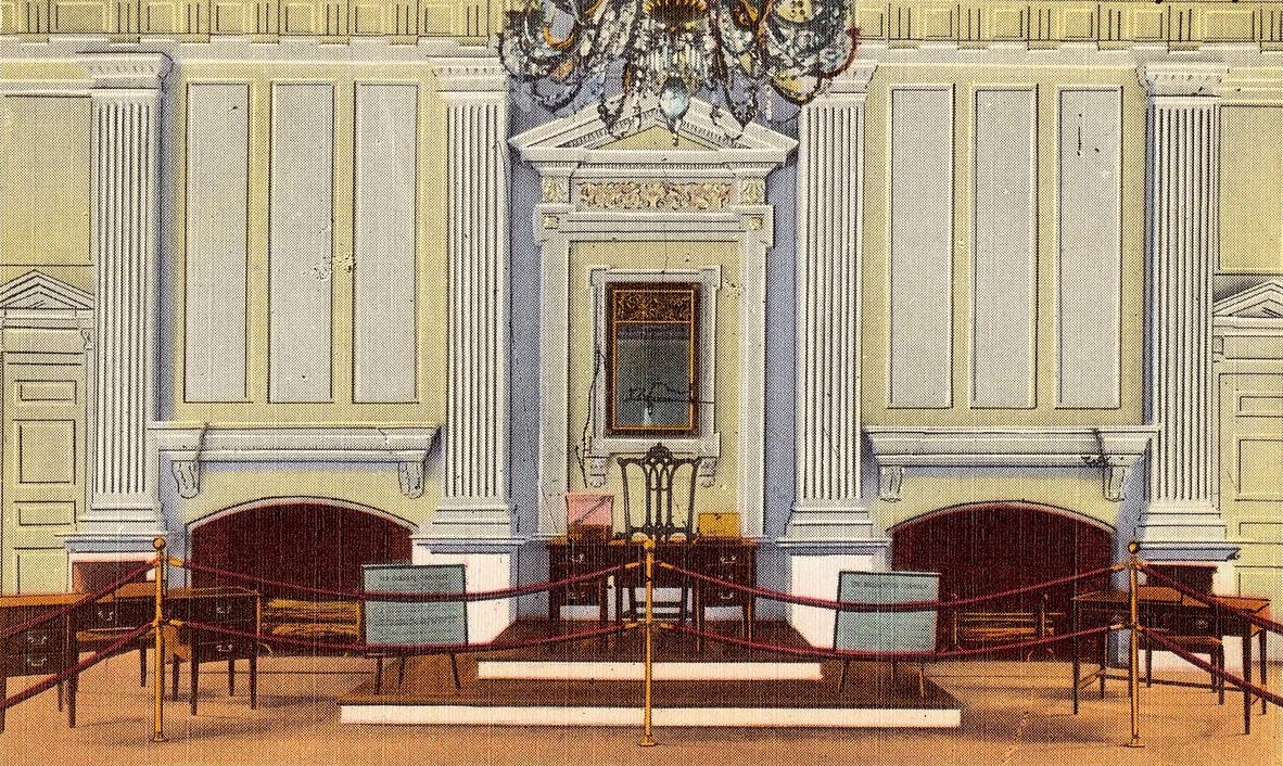 Interior of Independence Hall in Philadelphia, PA as shown on a color postcard