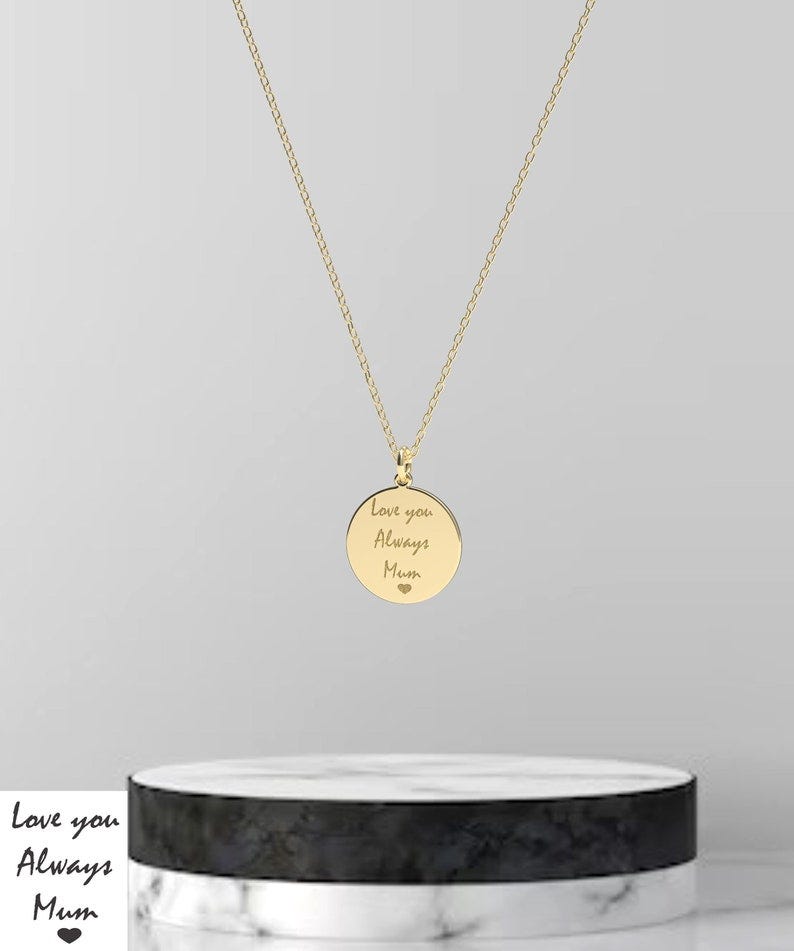 Solid gold handwritten pendant, 14k yellow gold necklace, engraved disc charm, personalized jewelry, custom disc, handwriting gift for her image 1