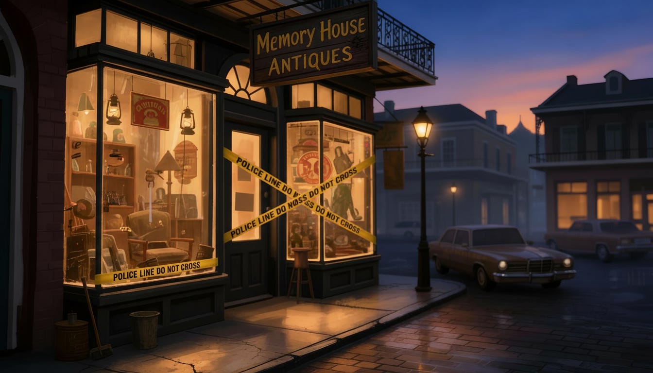 Hyperrealistic 16:9 image of Memory House Antique Shop with its front door completely crisscrossed in yellow police tape.