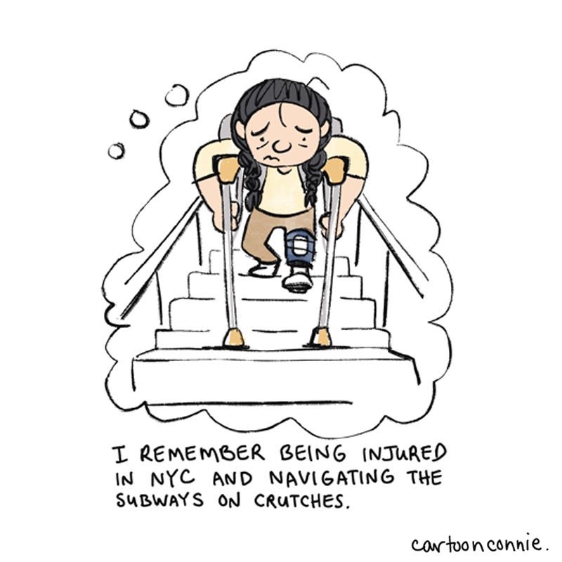 4 of 6. Illustrated panel from a 2-page diary comic about New York City walking etiquette and a brief exchange with a man at a subway station. Titled "City Diary," June 2026, by Connie Sun, published on blog.cartoonconnie.com