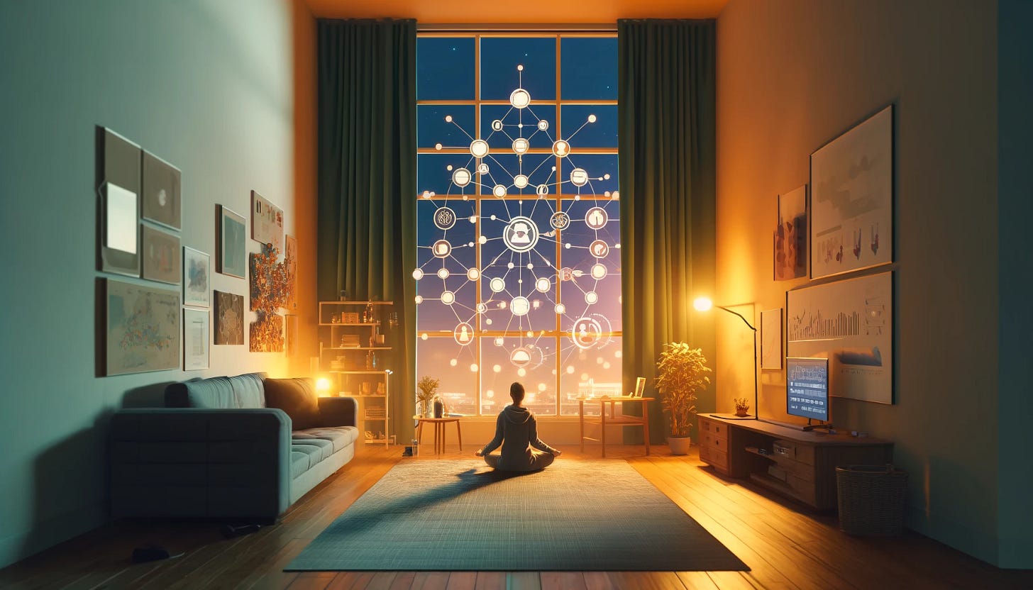 illustration that places the simplified visualization of interconnected data nodes within a more humble indoor setting, suggestive of a personal meditation or workout space at home during the evening. The room should feel intimate and cozy, with the warm glow of evening light creating a tranquil atmosphere. The interconnected nodes, representing aspects of life such as health, education, and consumer preferences, should subtly integrate into this personal space, emphasizing a grounded approach to managing and reflecting on personal data. The aesthetic should remain clean and minimalistic, yet convey the comfort and simplicity of a home environment dedicated to self-care, reflection, and balance.