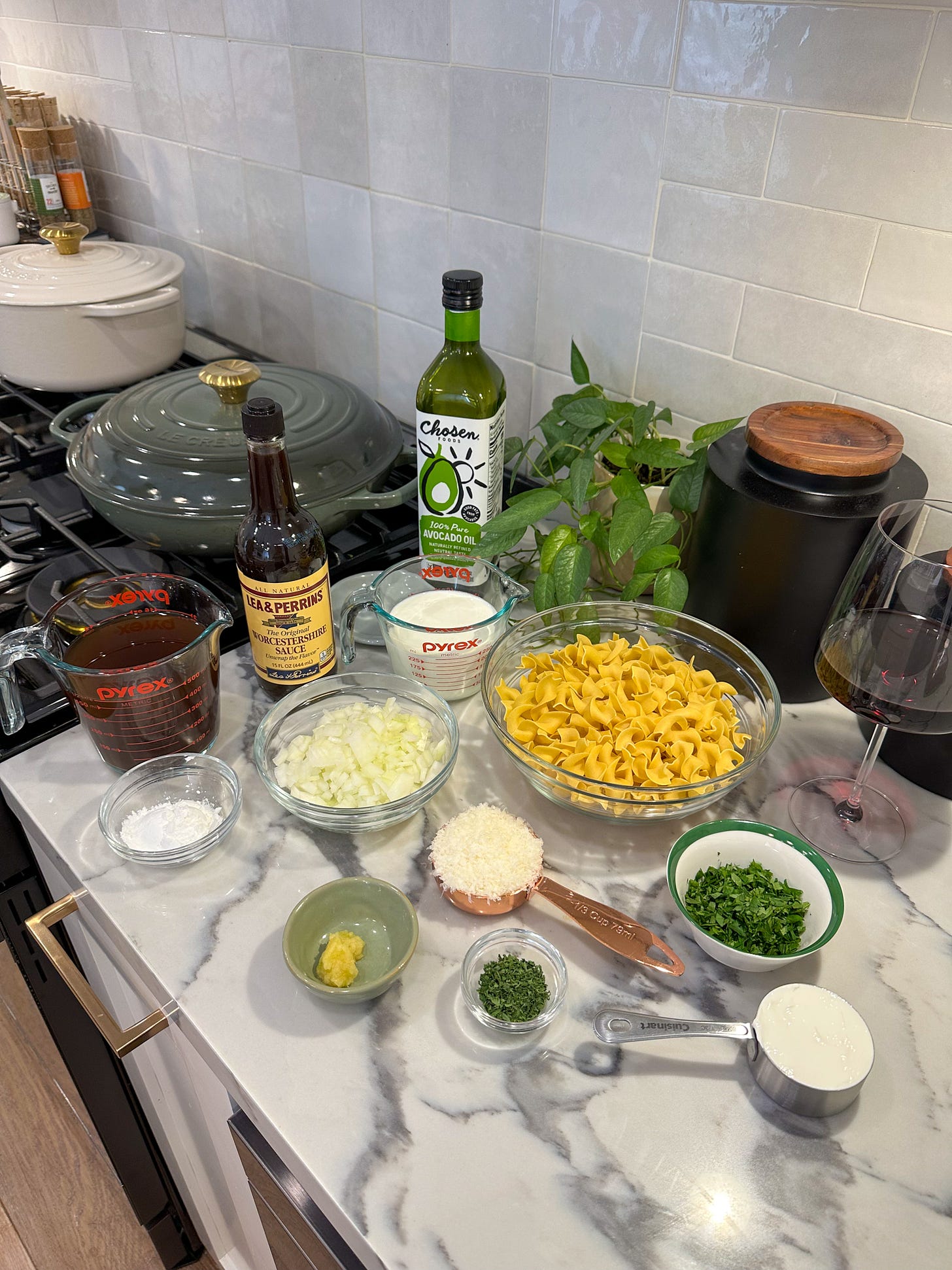 Ingredients for one pot beef stroganoff laid out before cooking.