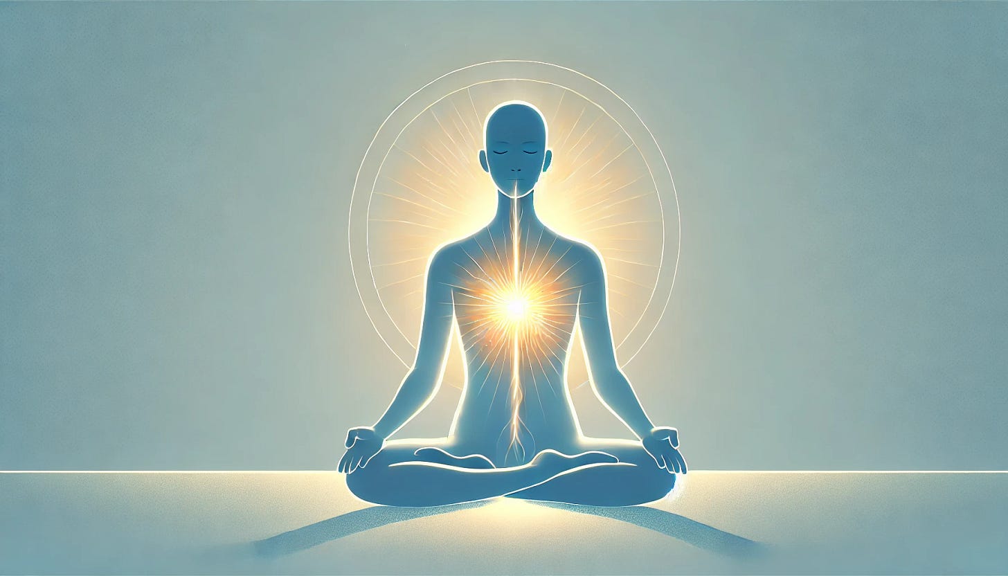 A minimalistic digital illustration of a serene individual meditating, with a glowing inner aura representing the soul emanating softly from within their body. The background remains subtle and unobtrusive, featuring light blue and white hues to convey tranquility. The glowing aura is centered in the individual's chest area, radiating warm golden light, symbolizing inner peace and self-awareness. The style is clean and modern, emphasizing simplicity and introspection.