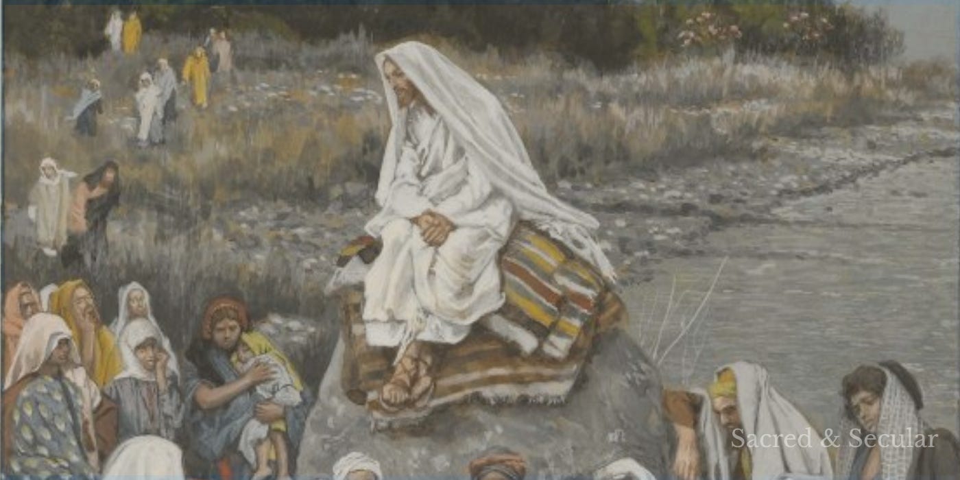 James Tissot painting of Jesus seated beside the Sea of Galilee, teaching a gathered crowd. Men and women sit and stand closely around him, listening as he speaks in a calm but attentive outdoor setting. James Tissot painting of Jesus seated beside the Sea of Galilee, teaching a gathered crowd. Men and women sit and stand closely around him, listening as he speaks in a calm but attentive outdoor setting.