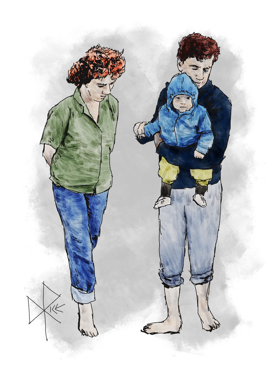 While holding a squirming baby in his arms, a barefoot man strolls along the shoreline with a woman. Sketch art by Don Rice.