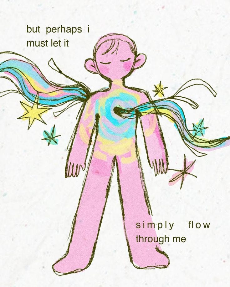 This may contain: a drawing of a person with long hair and stars around their shoulders, but perhaps i must let it simply flow through me