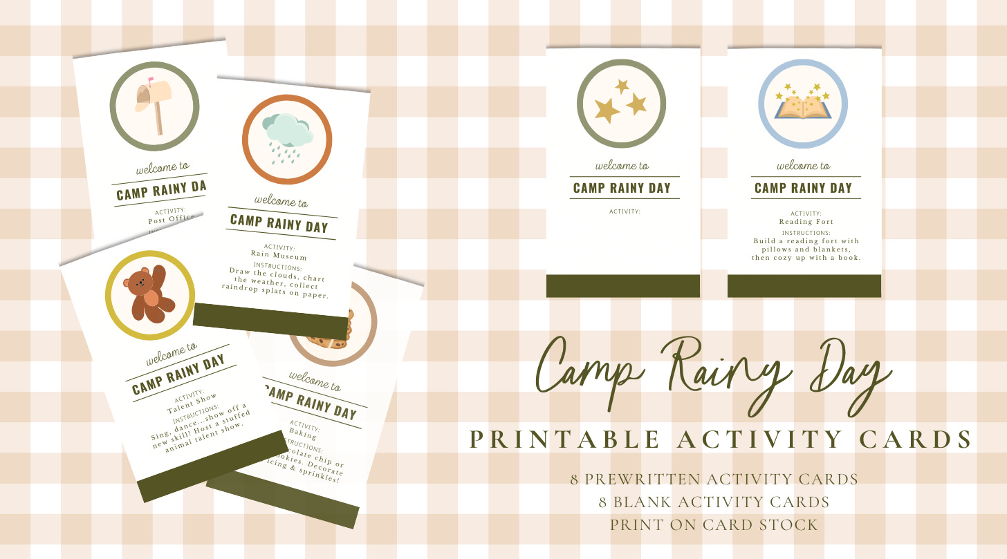 Camp Rainy Day printable activity cards for kids—free download from Foxie and June featuring cozy indoor activities like baking, reading forts, and pretend play. Perfect for rainy day fun and screen-free summer ideas.
