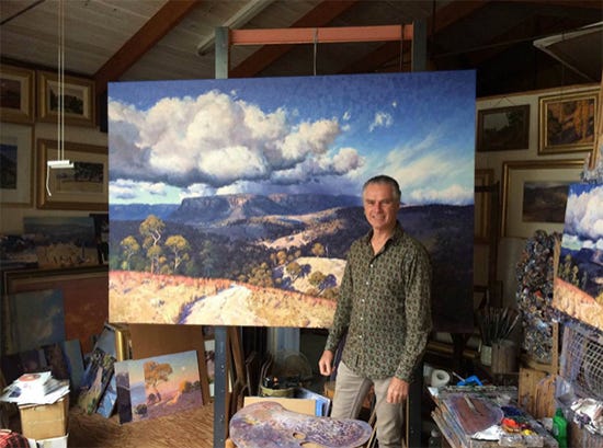 Warwick Fuller, Into the Mystic, 1.5 x 2.2 m, © Warwick Fuller Photograph of Warwick Fuller and his Painting
