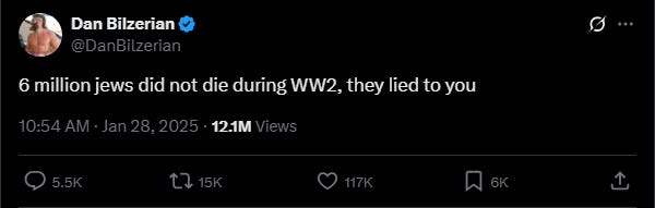 Dan Bilzerian tweet denying the Holocaust and saying 6 million Jews didn't die during WW2.
