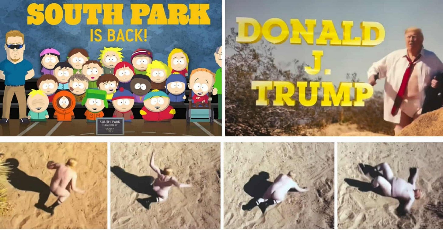 Screencaps collage from South Park season‑27 premiere, “Sermon on the ‘Mount,” depicting realistic naked Trump crawling through the desert Screencaps collage from South Park season‑27 premiere, “Sermon on the ‘Mount,” depicting realistic naked Trump crawling through the desert