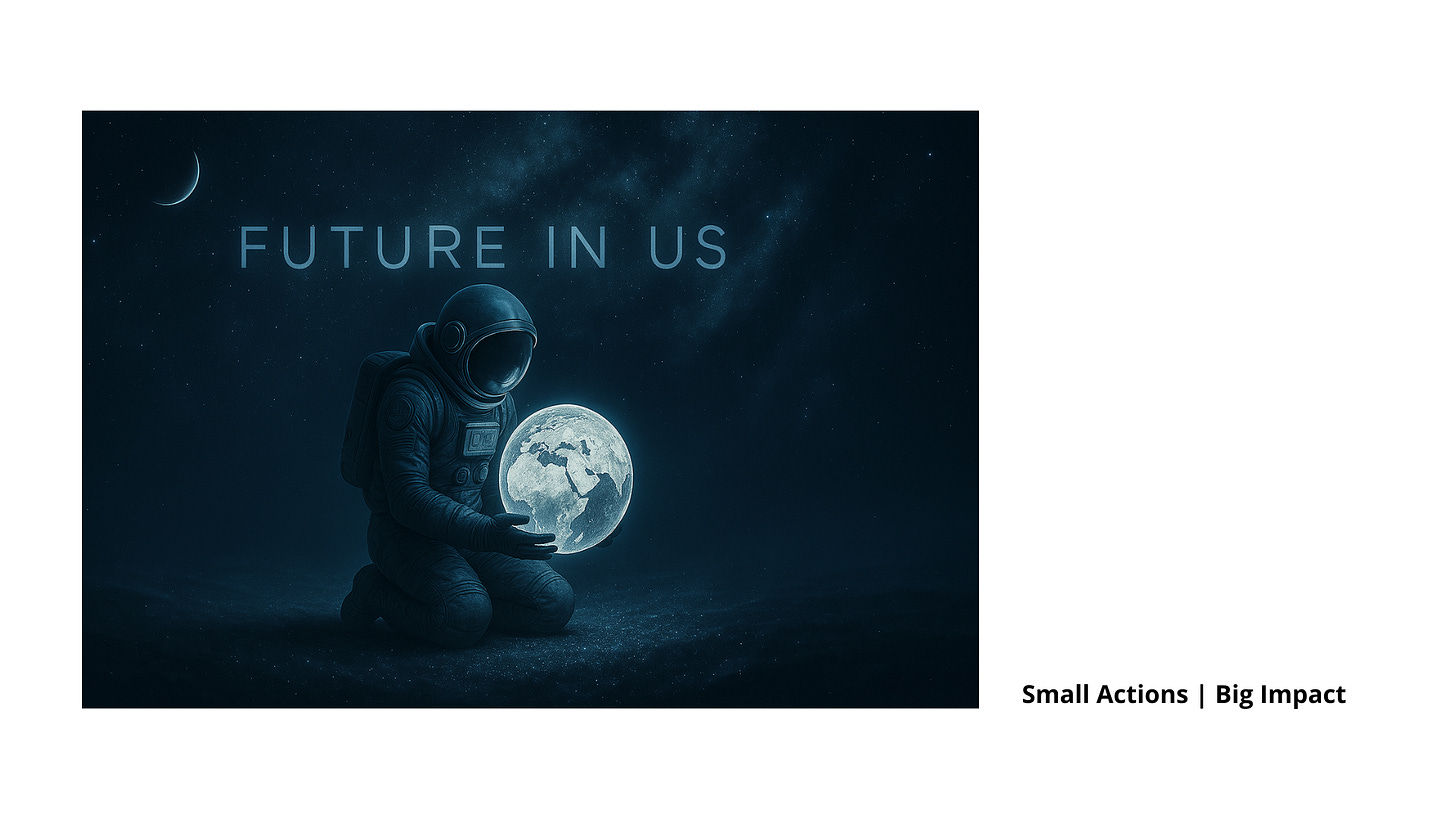 Space-themed digital artwork of an astronaut holding Earth, representing climate change and a sustainable future. Text 'FUTURE IN US' highlights the message of AI and sustainability in a cosmic setting.