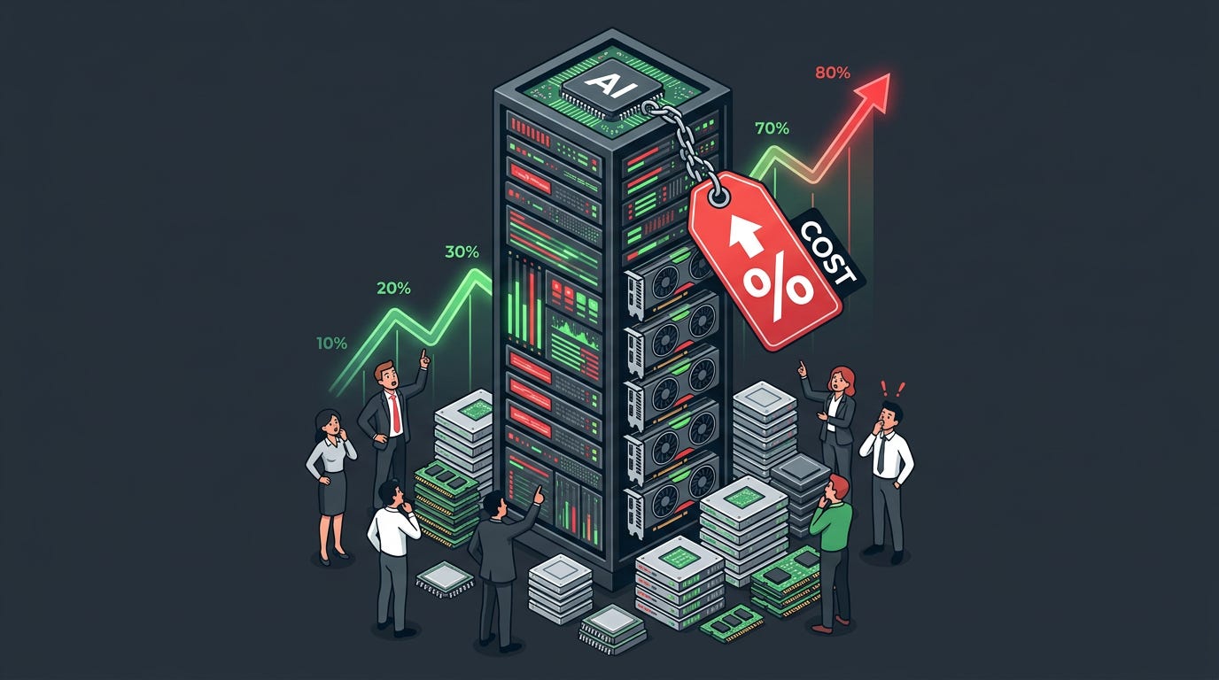 Flat isometric illustration of a towering AI server rack packed with glowing GPUs, a large price tag hanging from the server with an upward arrow and percentage symbol, small business figures looking up at the rising cost, stacks of memory chips surrounding the base, dark charcoal background, clean vector art style, bold green, red and silver accents, modern technology business editorial aesthetic Flat isometric illustration of a towering AI server rack packed with glowing GPUs, a large price tag hanging from the server with an upward arrow and percentage symbol, small business figures looking up at the rising cost, stacks of memory chips surrounding the base, dark charcoal background, clean vector art style, bold green, red and silver accents, modern technology business editorial aesthetic