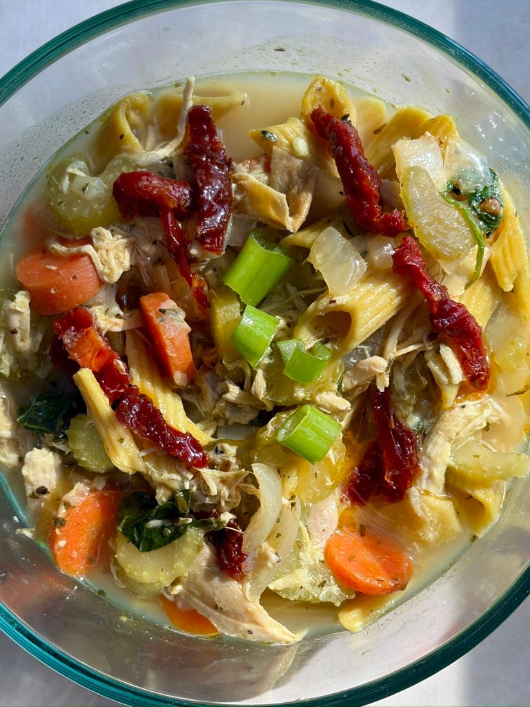One-pot sun-dried tomato rotisserie chicken noodle soup