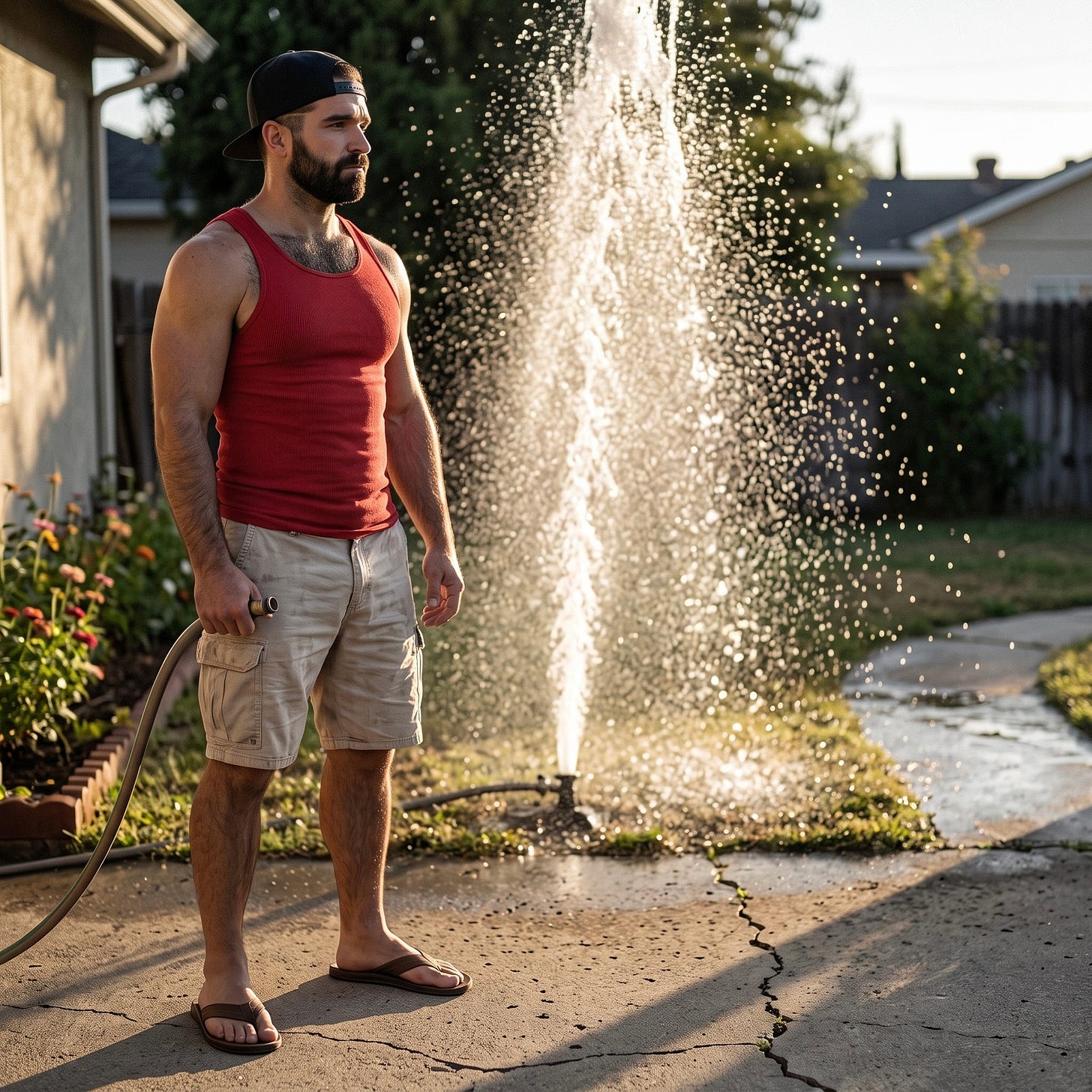 A massive geyser of water erupts from a broken irrigation line in a sunlit backyard. A frustrated Mitch, the botanical genius of Plants, Panic & Paranoia, stands by holding a hose. A massive geyser of water erupts from a broken irrigation line in a sunlit backyard. A frustrated Mitch, the botanical genius of Plants, Panic & Paranoia, stands by holding a hose.