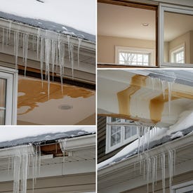 "Four photos showing ice dam damage: large icicles hanging from gutters, brown water stains on interior ceiling from ice dam leaks, and accumulated ice on roof edge"