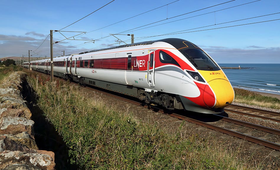 An LNER Azuma train on the East Coast Railway Line, geograph 6275180 by Walter Baxter cropped.jpg