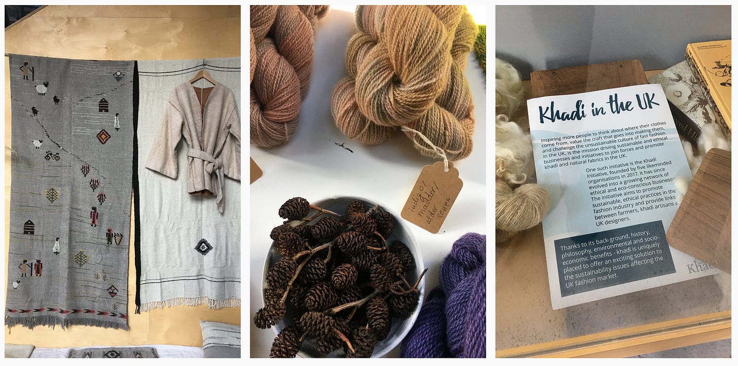 1. Festival entrance (unsure on the designer-maker; 2. Marsh and Moor’s hand plant-dyed wool yarn; 3. Leaflet and display about khadi in the UK from Khadi London. 1. Festival entrance (unsure on the designer-maker; 2. Marsh and Moor’s hand plant-dyed wool yarn; 3. Leaflet and display about khadi in the UK from Khadi London.