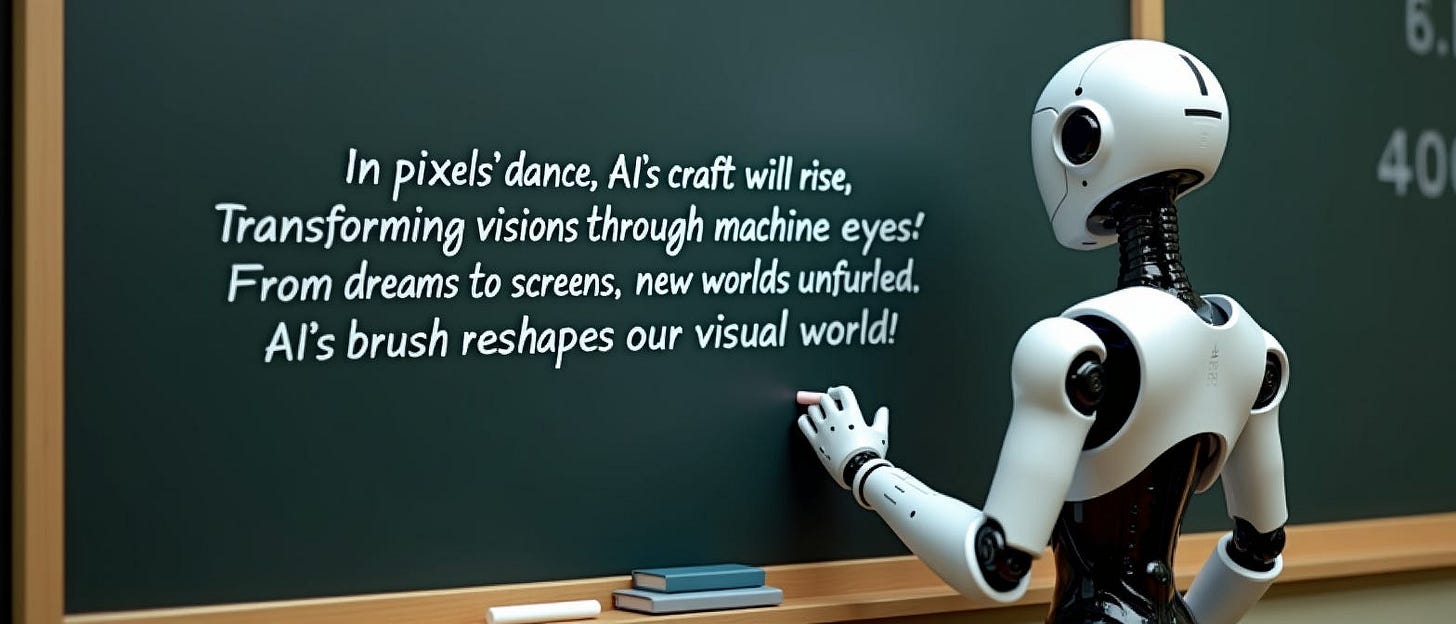 Flux.1 Prompt: A robot holding chalk looking at a blackboard that reads the following poem:”ln pixels’ dance, AI’s craft will rise, Transforming visions through machine eyes, From dreams to screens, new worlds unfurled, AI’s brush reshapes our visual world.” Flux.1 Prompt: A robot holding chalk looking at a blackboard that reads the following poem:”ln pixels’ dance, AI’s craft will rise, Transforming visions through machine eyes, From dreams to screens, new worlds unfurled, AI’s brush reshapes our visual world.”