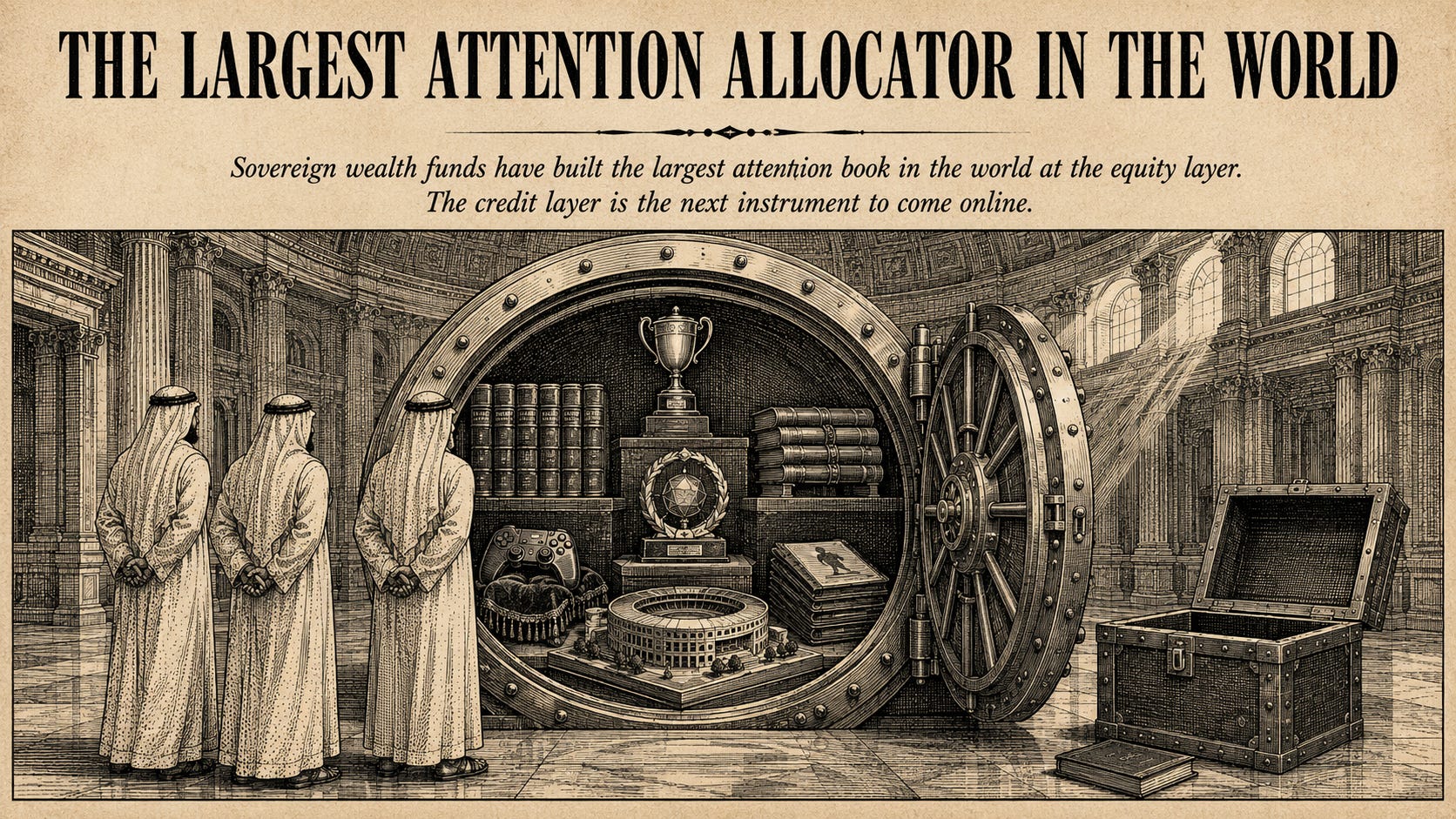 The hero image is the single exception to the general "no text in image" rule that governs every other illustration in the package. The hero composition must include the essay's title and subtitle rendered as period editorial typography inside the illustration itself. The publication masthead ("Attention Capital") must NOT appear anywhere in the image. Every other text exclusion in the package still applies: no captions, no labels on objects, no marks on documents, no fund acronyms, no flags, no monograms, no Harper's Weekly header, no other words of any kind beyond the title and subtitle block.
