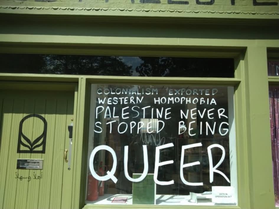 May be an image of ‎text that says '‎COLONIALIOM EXFORTEL WESTERN HOMOPHOBA PALESTINE NEVER R STOPPED BEING QUEER ФPEAn.1 결 أهلاً‎'‎