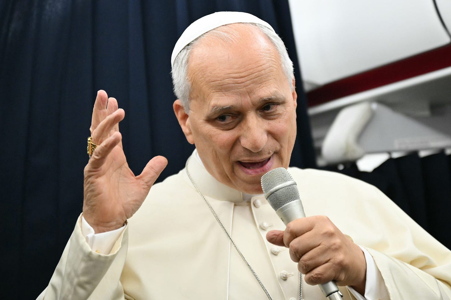Pope Leo XIV speaks to journalists aboard the papal plane Pope Leo XIV speaks to journalists aboard the papal plane