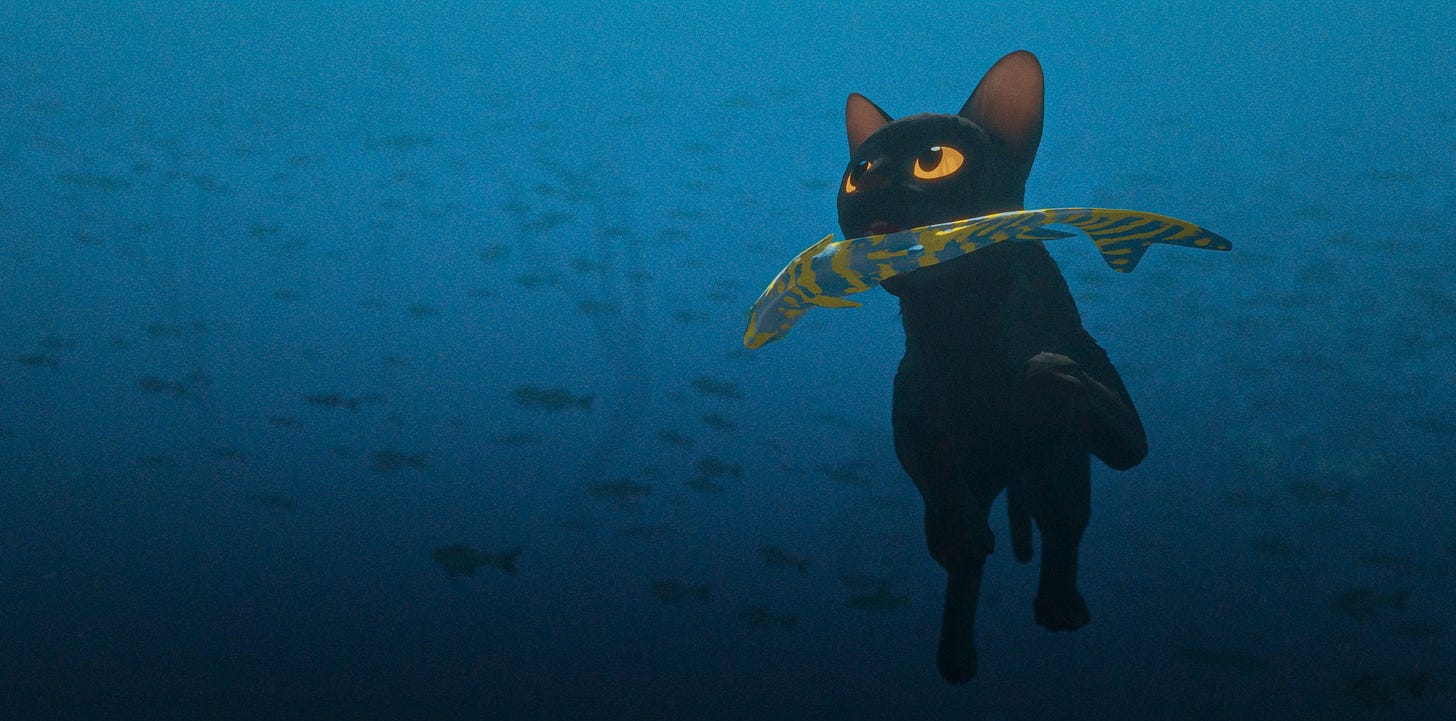 Cat swimming underwater with a fish in its mouth.
