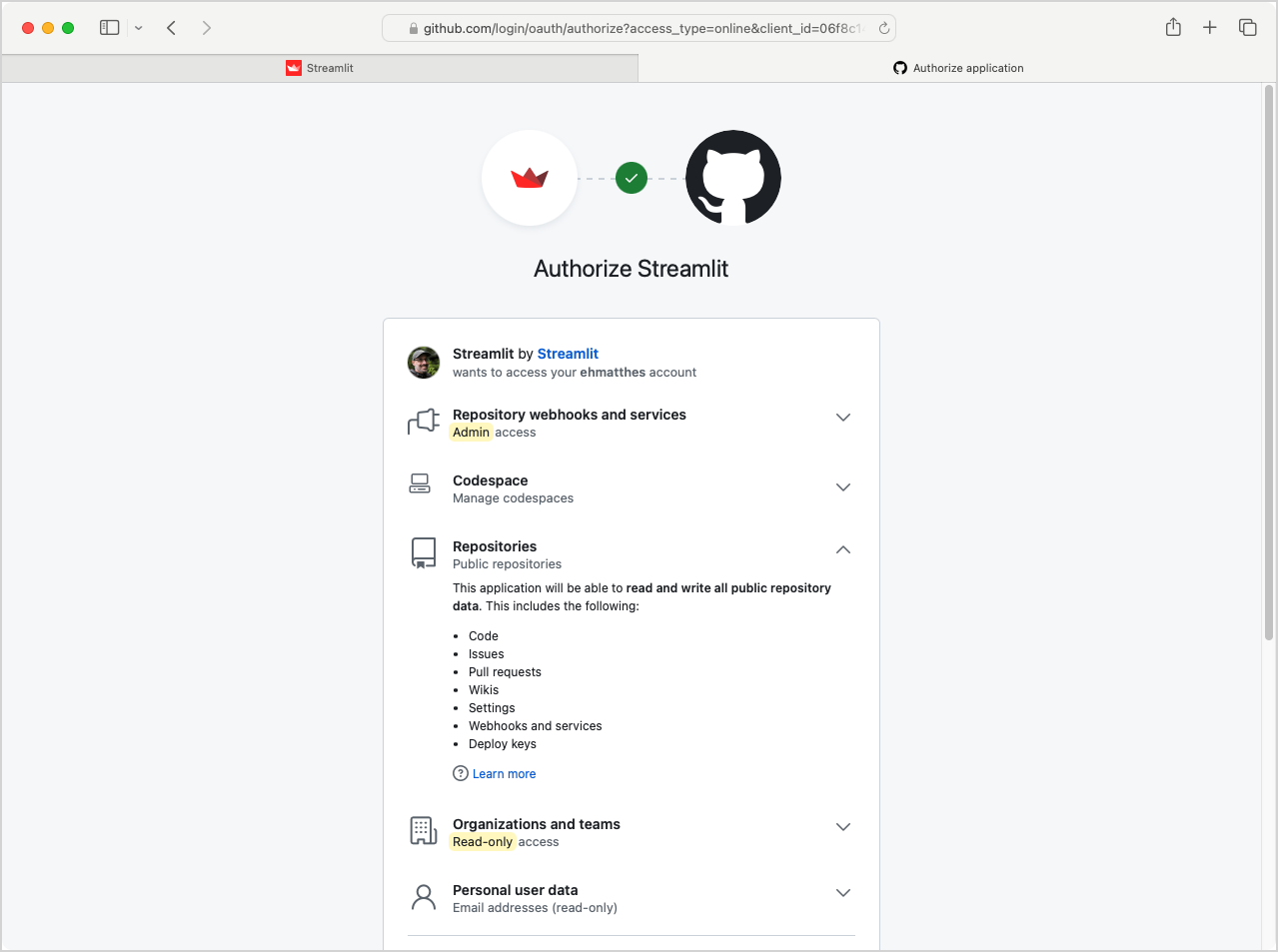 GitHub permissions page, showing that Streamlit is asking for full read/write and admin permissions over all public repos GitHub permissions page, showing that Streamlit is asking for full read/write and admin permissions over all public repos
