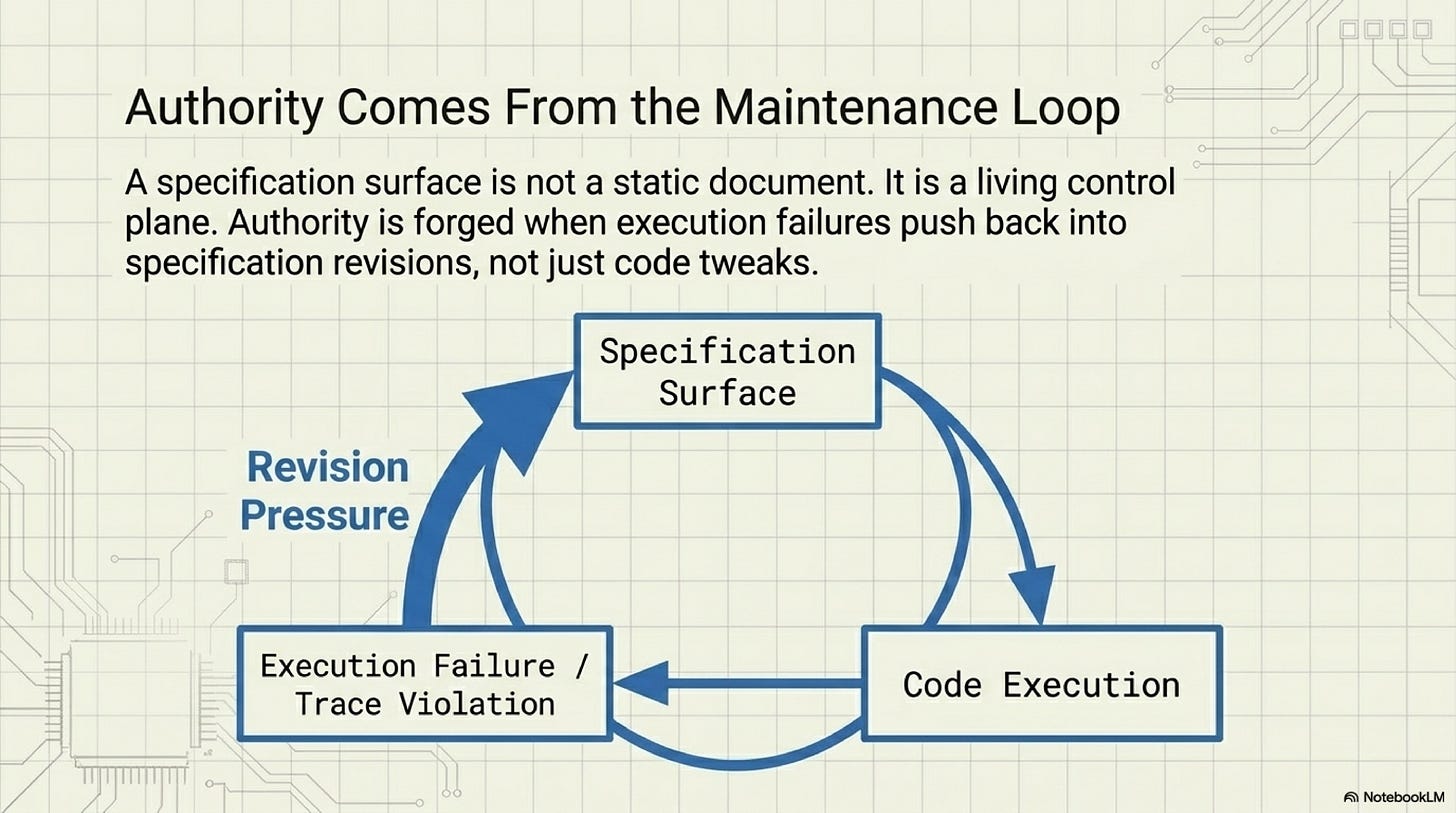Authority comes from a maintenance loop that pushes failures back into the surface