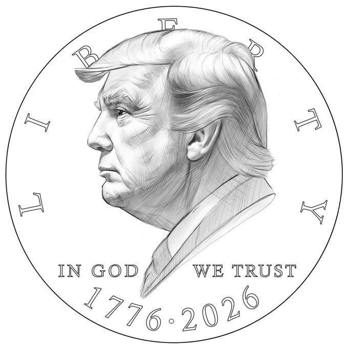 A detailed sketch of Donald Trump on a $1 coin design. His profile faces left with distinctive hair, wearing a suit and tie. The coin includes "LIBERTY" at the top, "IN GOD WE TRUST" below, "UNITED STATES OF AMERICA" and "E PLURIBUS UNUM" around the edge, "1776-2026" at the bottom, and "FIGHT" repeated with an American flag and raised fist on the reverse side.