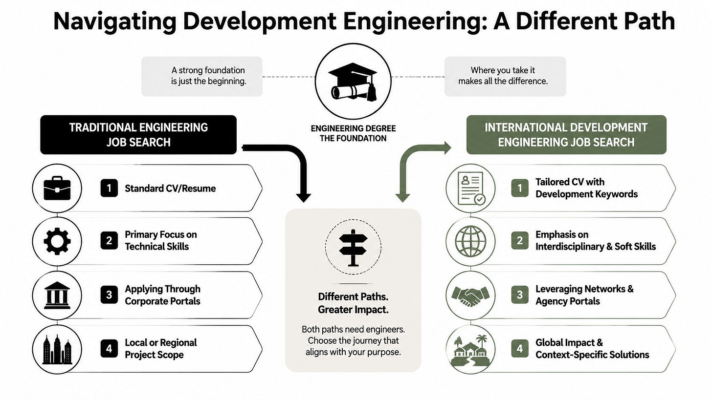 A comparison chart showing differences between traditional and international development engineering job search strategies and pathways.