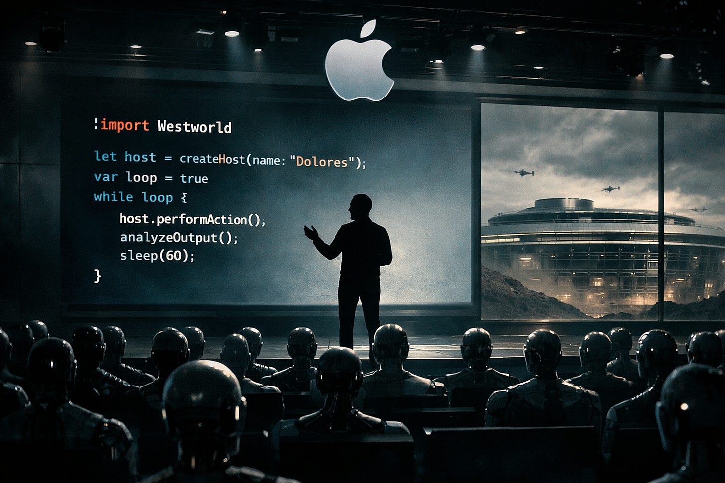 Dystopian WWDC keynote with robots Dystopian WWDC keynote with robots