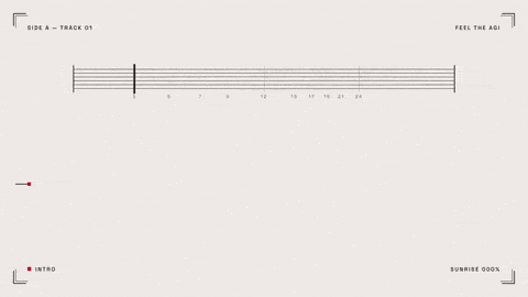 Minimalist image of a horizontal guitar tablature bar labeled SIDE A — TRACK 01 at top left, showing fret numbers and a start bar, with a small red square and INTRO at bottom left and SUNRISE 000% at bottom right.