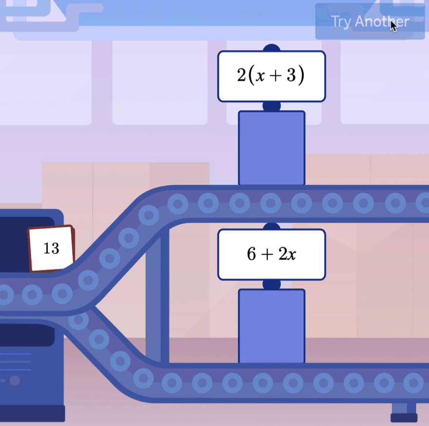 The number 13 goes up two conveyor belts into a machine labeled 2(x+3) and 6+2x. 32 comes out of both machines.