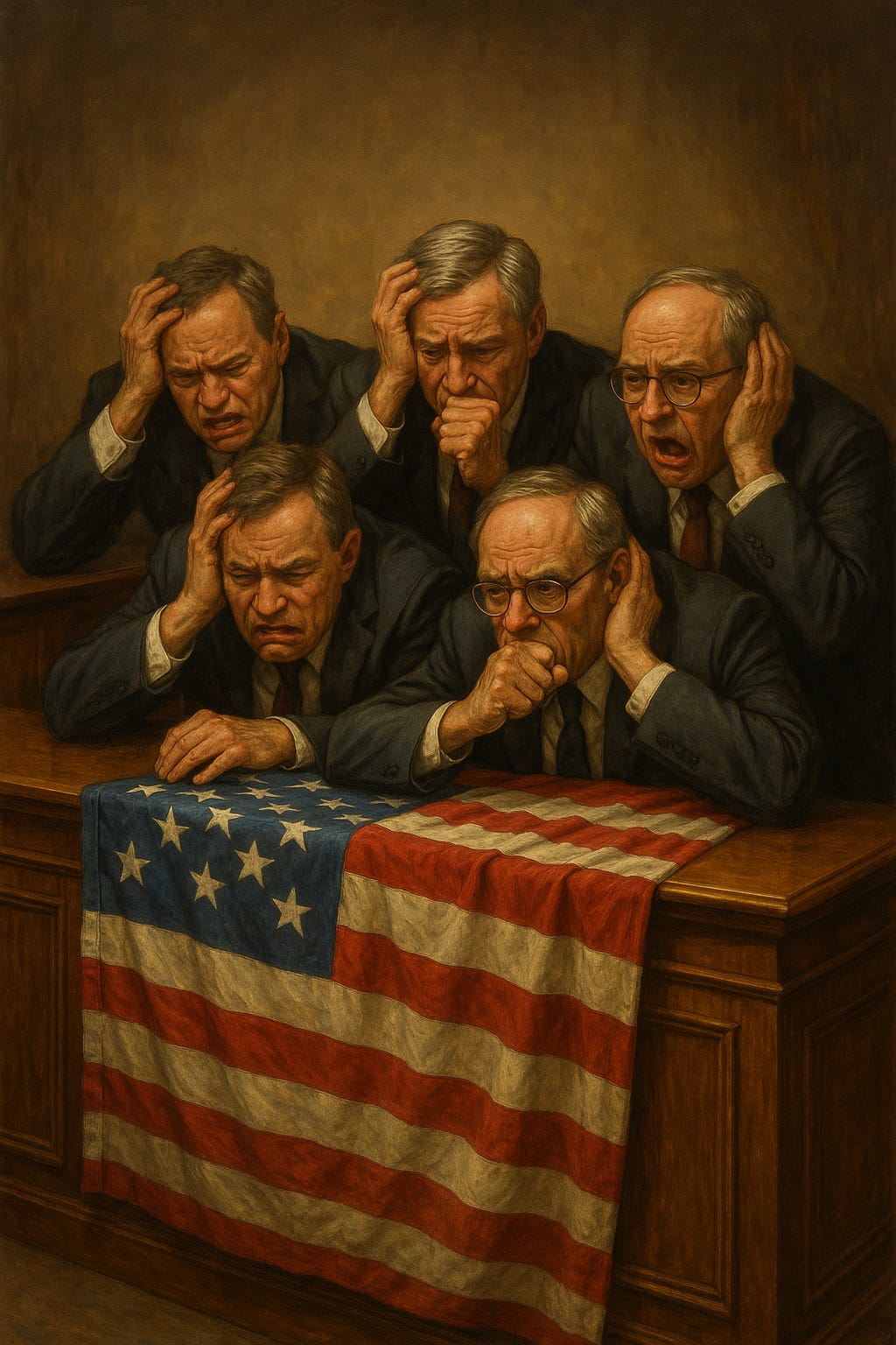 Cowards In Suits Hiding Behind A Desk And Flag