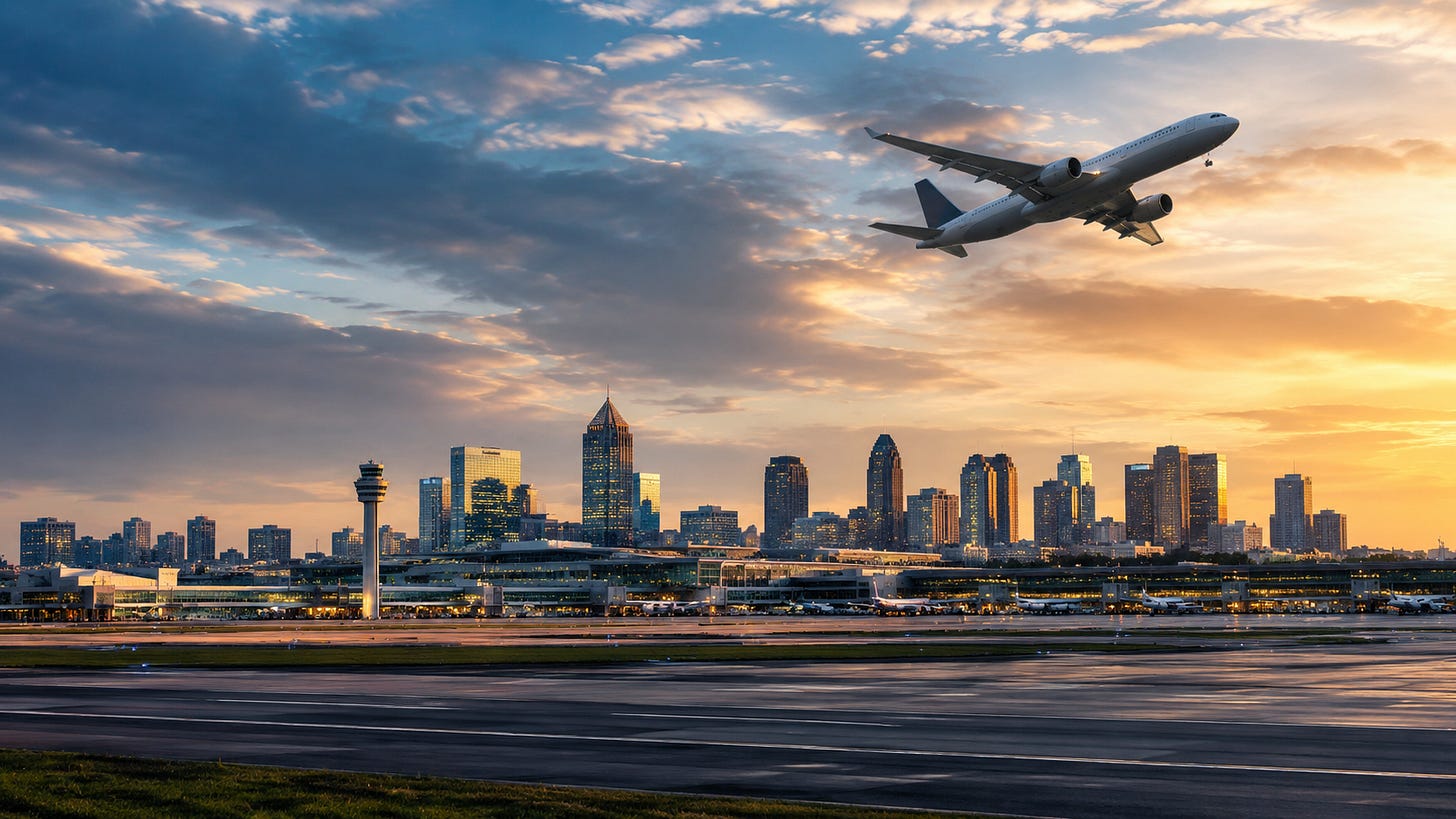 Airplane taking off over Hartsfield-Jackson Atlanta International Airport at sunset with the Atlanta skyline in the background. The image illustrates Atlanta flights, ATL award travel, domestic points fares, rising airfare, jet fuel price concerns, and ways travelers can use points to find cheaper flights from Atlanta.