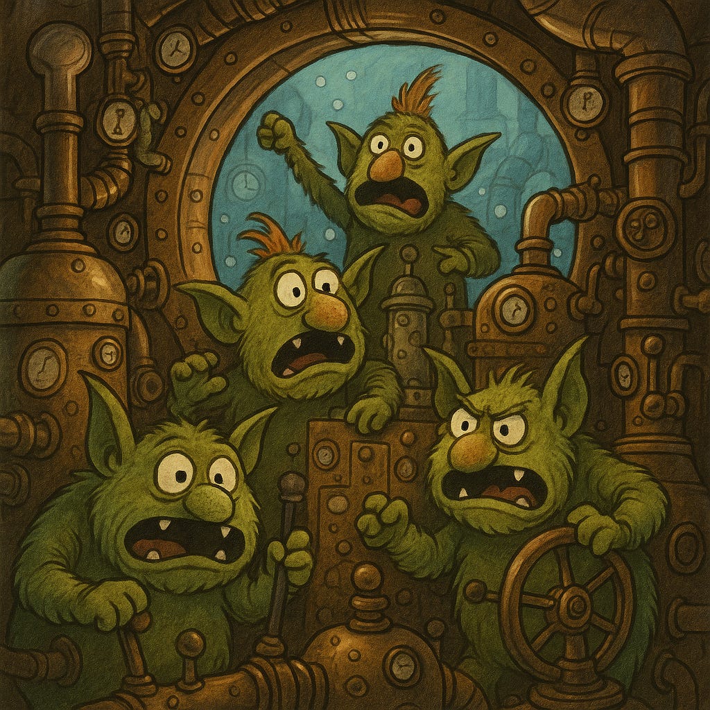 “Whimsical goblins in a steampunk submarine—anxiety as chaos goblins pulling levers underwater.”