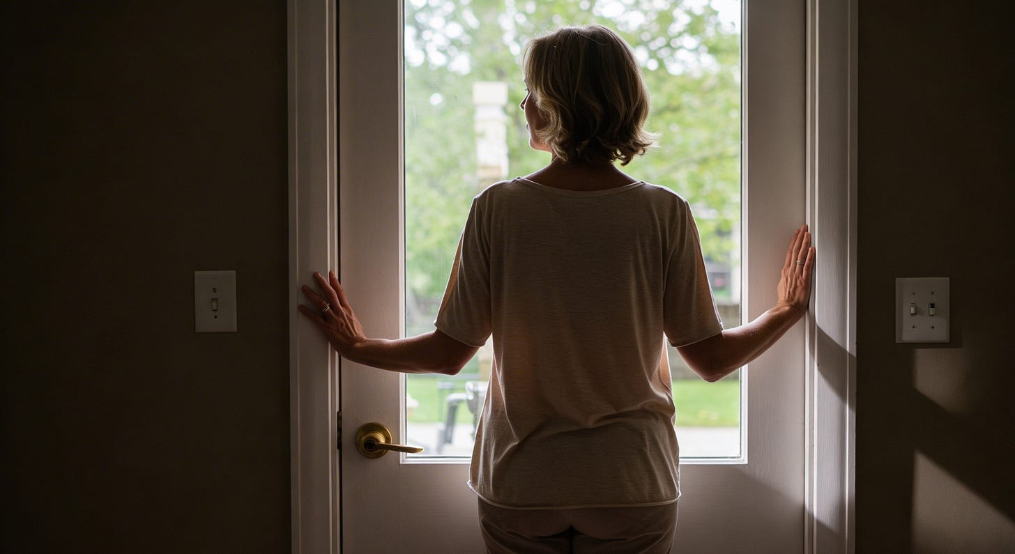 Woman standing at glass door with back to camera, hands resting on doorframe, looking out at natural light and greenery, representing contemplating a major life decision with newfound clarity