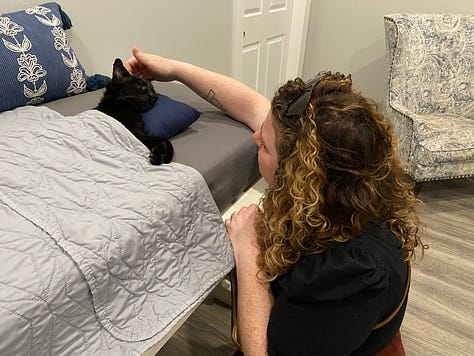 A series of photos showcasing Ellum on the mattress, Kelsey petting Ellum, and a teary Andrea and Kelsey